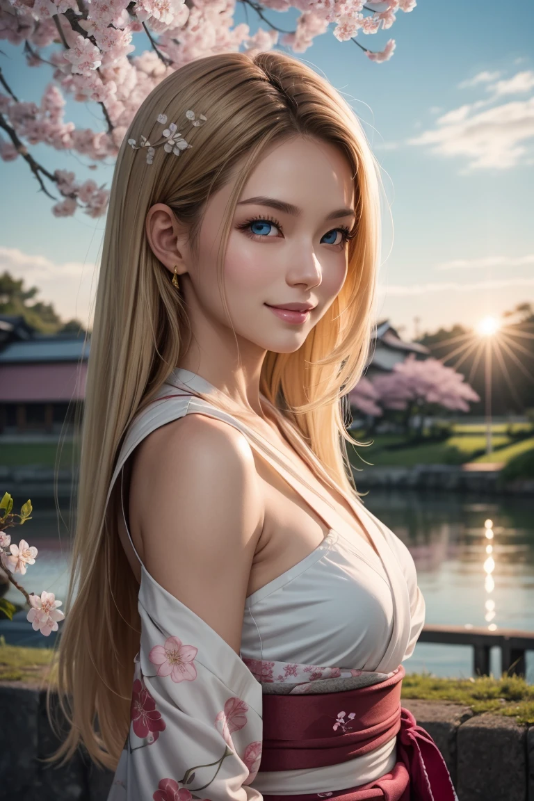 cleavage, mature woman, blonde, 4 ponytails, 4 hair tails, russian dress, red blue and white russian kimono, field background, sunset, 8k quality, high resolution, extremely detailed, intricate details, natural skin texture