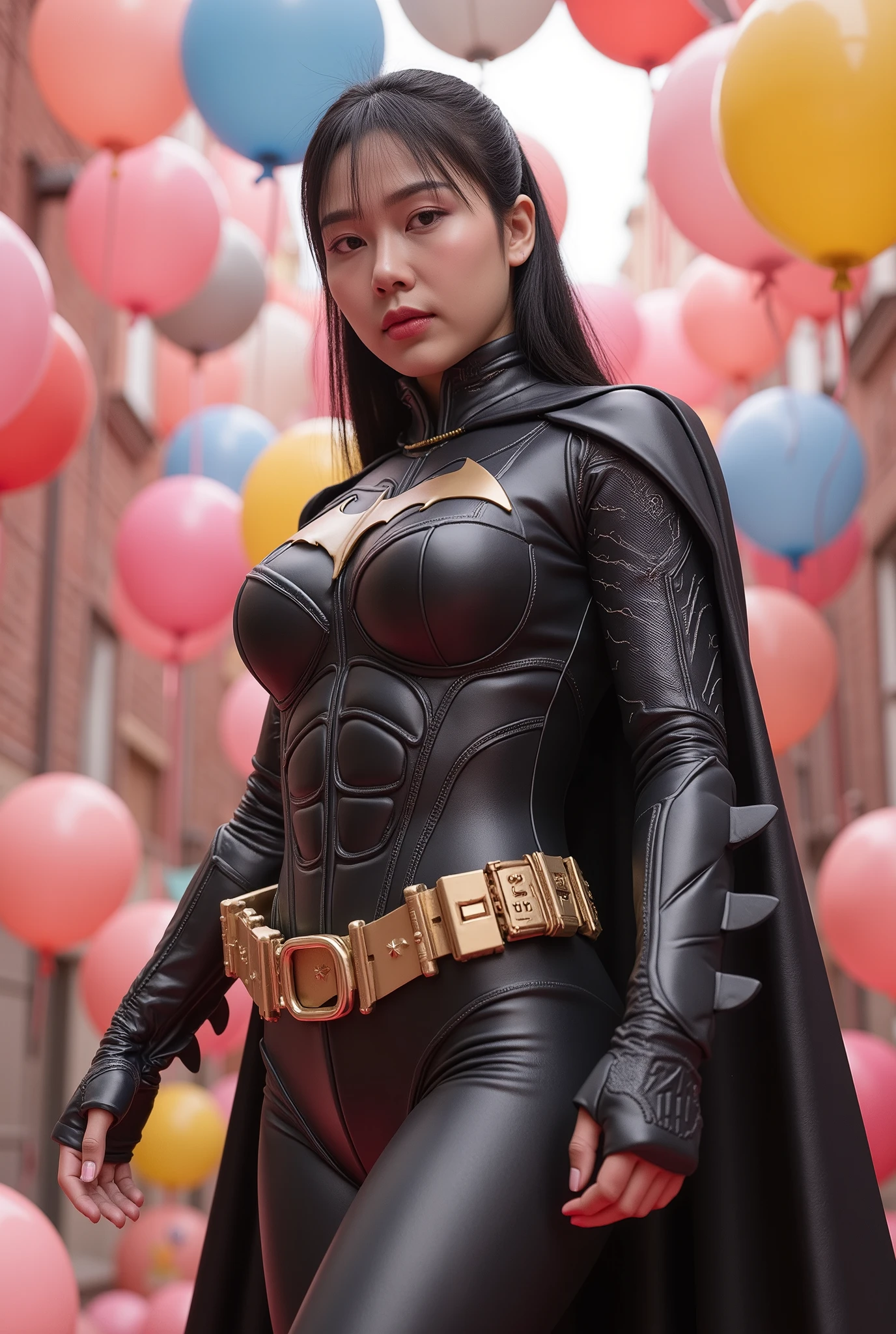 busty curvy super muscular korean female wearing batman rubber suit surrounded by balloons