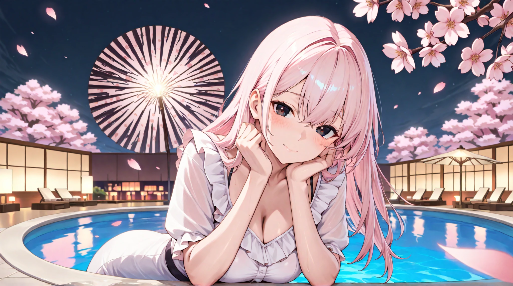 (masterpiece)、(highest quality)、((Super detailed))、(super delicate)、pastel colored hair、beautiful breasts、yukata、Hot spring at night、fantastic starry sky
