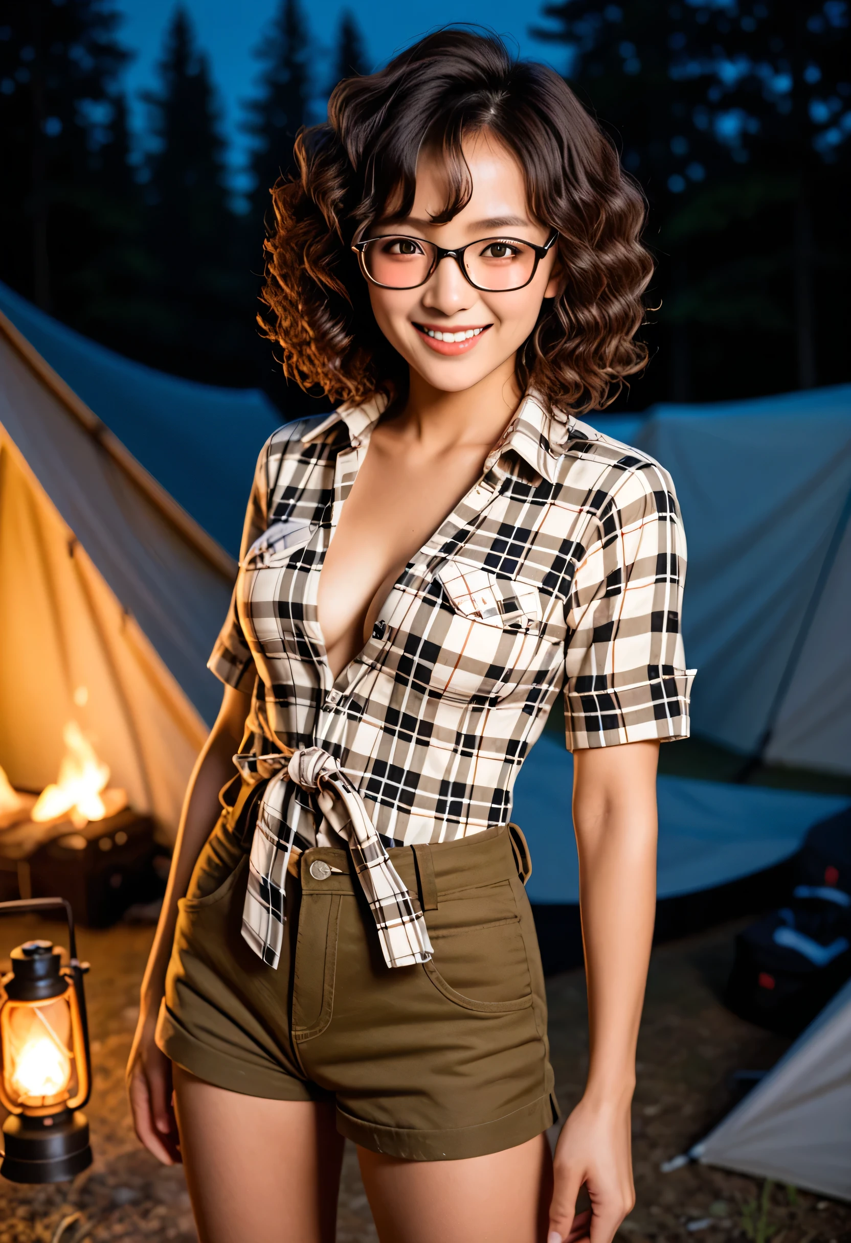 (masterpiece:1.4), (best quality:1.4) ,8K,cinematic lighting,((best quality)), (masterpiece) , (realistic shadow) , (depth of field),(intricate details:1.4), (Solo Beauty Idol Girl,),(Black semi-long drill hair with asymmetrical bangs:1.3),Happy smiling face、Girl enjoying barbecue on beautiful riverbed, (girls areola having fun around a big campfire with a drink in one hand:1.3), (wearing off-shoulder top, cargo shorts:1.3),Necklace,Piercing,Beautiful hands,Beautiful fingers,⠀
(Looking at Viewer,),(Night, Backlighting,)(Full body shot,),no bra,nipples,Glasses, (shirtlift),braless, starry sky, (night:1.3) sky, detailed night sky, background is (night sky), diffuse reflection, (far away light:0.2), (Milky Way:0.7),shirtpull,nipples,