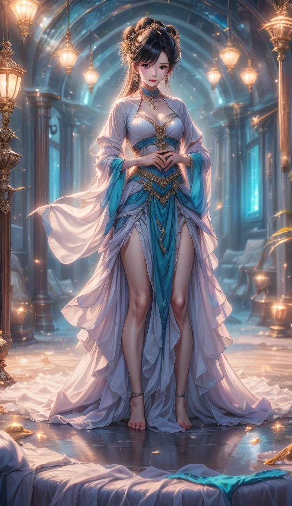 tmasterpiece,Highest image quality,Beautiful full body portrait of noble elf dancer,Exquisite sky blue hairstyle,Clear golden eyes,veils,White midriff-baring dance costume,heeled sandals,Has a dazzling array of、Well made jewelry,Ultra-detailed details,advanced。At the Pixiv Art Station,Break your own power,Luigi,Big breasts exposing cleavage,R-18G