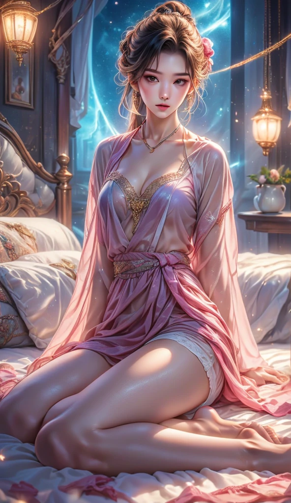 Fantasic Illustration, Masterpiece: 1.2, Highest Quality, Highres, 16k, Beautiful Detailed, Ultra-Realistic, Photo Realistic: 1.37, Beautiful cute girl in a caravan in the moonlit desert, growing eyes, shining pupils, blushed cheek, shiny rosy lips, wearing white hooded robe, delicate beautiful (hair, face, eyes, pupils, long eyelash, desert), middle-breasts, Arabian Nights world view, leaning back down on chair, dutch angle