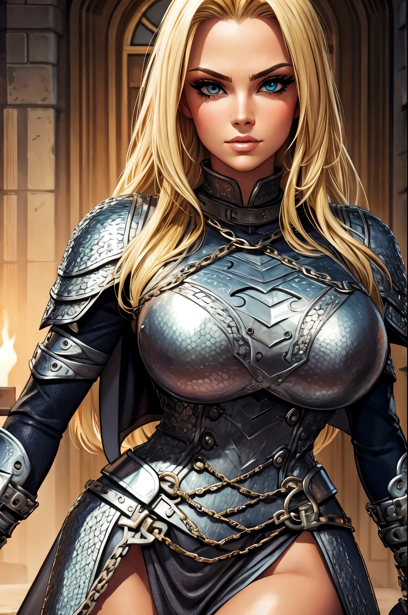 (((Solo character image.))) (((Generate a single character image.))) (((Dressed in medieval fantasy attire.))) Create a captivating and enigmatic female warrior reminiscent of glamor models Anastasia Kvitko and Louisa Khovanski. This character is renowned for her remarkable 112-63-118 figure. She exudes an air of elegance and mystery. The art style should draw inspiration from J Scott Campbell's work.
Imagine a thrilling female adventurer in a high-fantasy setting, akin to a swashbuckler. We need a single character portrait with intricate details, wearing fantasy attire. She should be adorned in leather armor and a tight corset, exuding a shadowy and athletic demeanor.
Her body is agile and toned, like that of a gymnast, and she strikes an action pose. She is clad in medieval clothing, and her arched eyebrows give her a sassy and attractive appearance. Her face is strikingly gorgeous, with a sneaky and sly expression in her evil glare.
Her hair is both very sexy and alluring, cascading in intricate waves. She possesses firm breasts and an air of arrogance. Her body is beautifully detailed and realistic.
The artwork should be hyper-detailed and worthy of trending on platforms like ArtStation. This is a character portrait designed for use in Dungeons & Dragons, Pathfinder, Skyrim, Lord of the Rings, Game of Thrones, or similar high-fantasy settings. Please ensure the image is centered and presented in ultra HD quality, possibly 8k resolution, with an epic masterpiece level of detail.