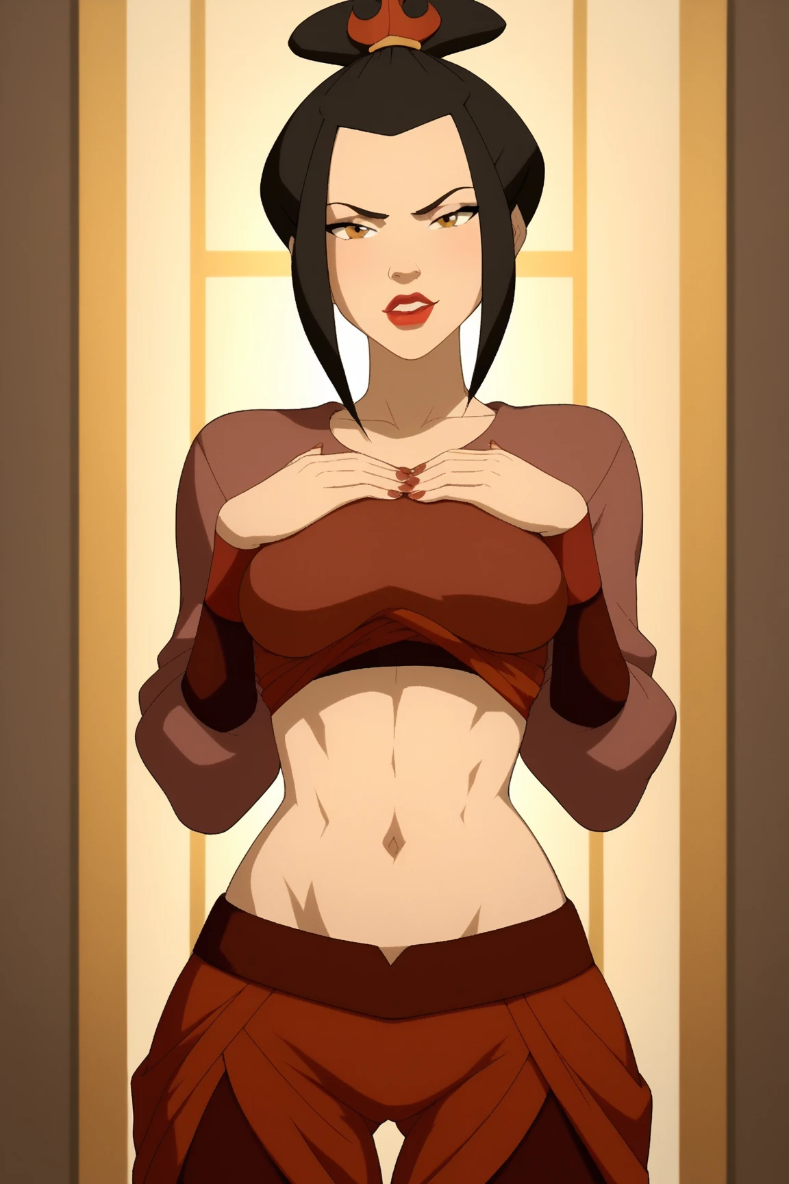 (masterpiece), (best quality), (ultra-detailed), (best illustration), (best shadow), (absurdres),, scan, (extremely detailed CG unity 8k wallpaper:1.1), highres, ambient light, (1girl), Beautiful character design, official art,extremely detailed CG unity 8k wallpaper, perfect lighting,Colorful,shiny skin, (masterpiece:1.0),(best_quality:1.0), ultra high res,4K, (dark theme:0.6), (dark shot:1.1), epic realistic, (dark shot:1.4), 80mm, (anime), (illustration), cartoon, detailed, azula, 1girl, solo, short hair, black hair, hair ornament, ponytail, brown eyes, lipstick, red lips ,red robe, embarrassed, blush, facing viewer, 1girl, solo, short hair, black hair, hair ornament, ponytail, brown eyes, lipstick, Beautiful detailed eyes, red lips, covered erect nipples, cleavage, NSFW, revealing clothing, medium breasts