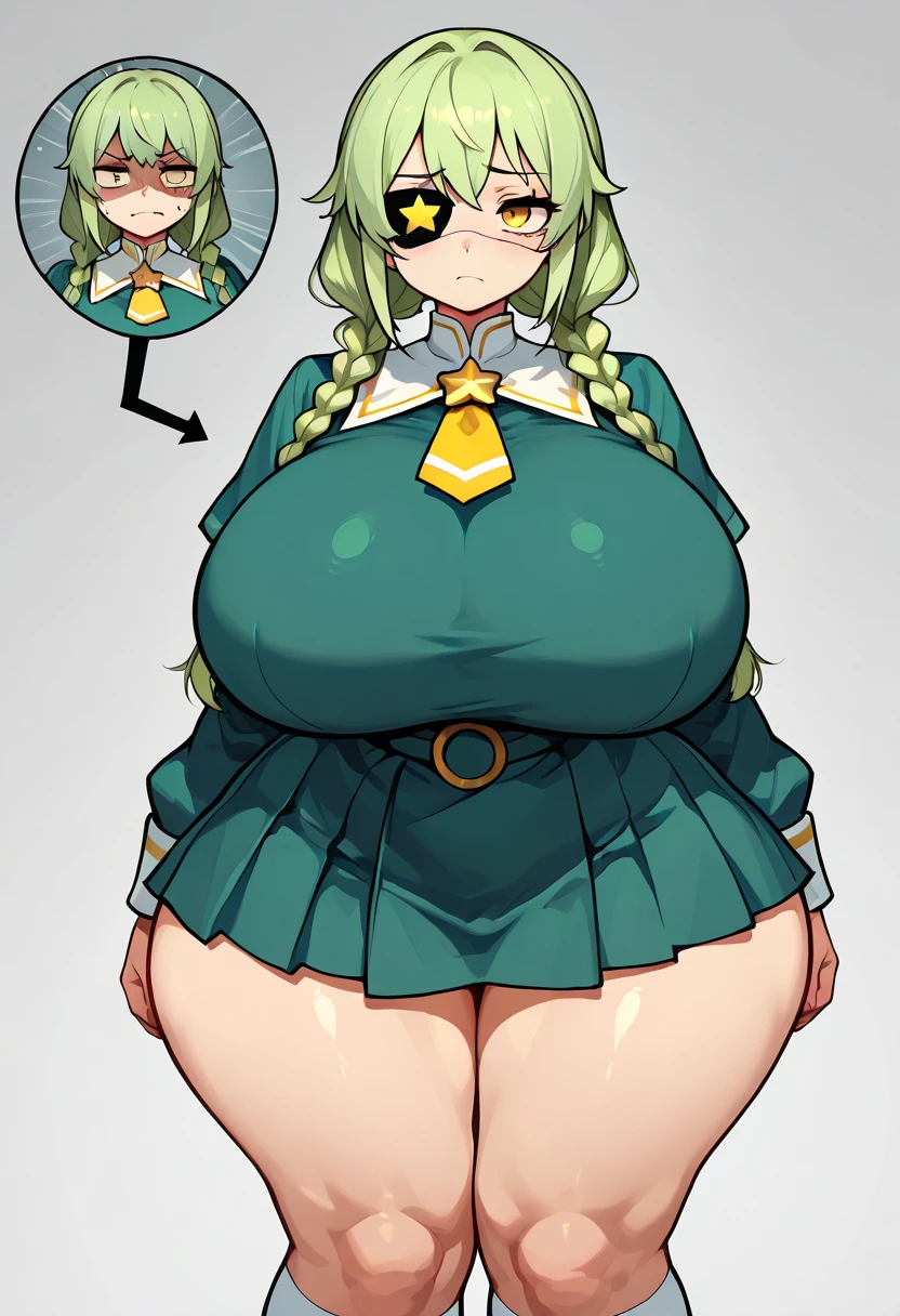 One woman, braided pigtails, huge breasts, (huge breasts: 1.8), glasses, blue eyes, green hair, cute anime face, noise reduction, maid, Japanese style maid, black leotard, full body portrait, digging leotard, Liu Erdao, sandals, blue eyes, black long tights, gentle smile, white kimono, thong digging into buttocks, buttocks emphasis