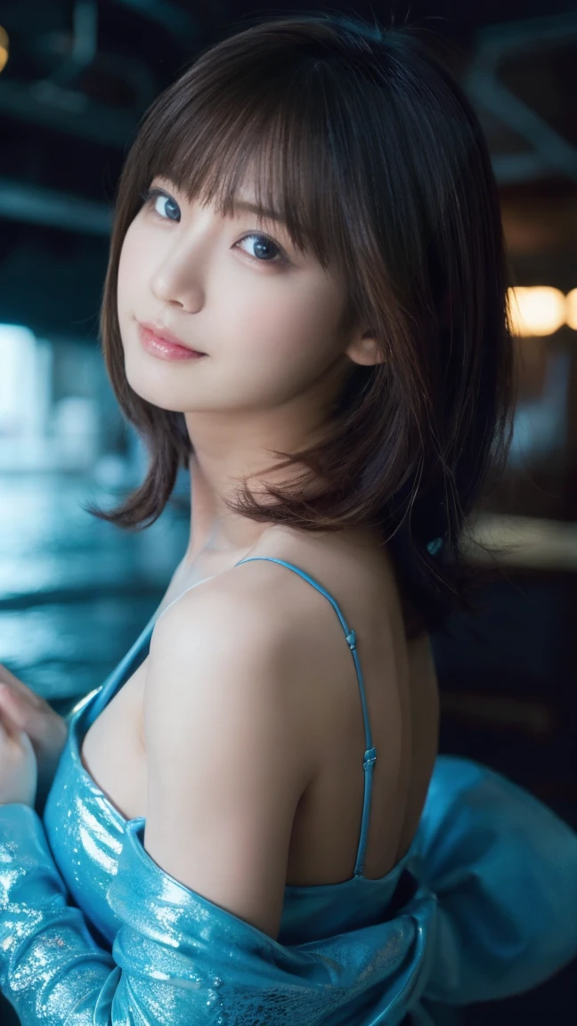 One Girl、((Small breasted beautiful girl:1.5))、((Her breasts are small and her bra is floating:1.7))、(live action idol))、(Blue Strapless Bra:1.7),((Close-up of face:1.4))、((a little heavy makeup:1.3))、 (RAW Photos, highest quality), (Realistic, Photorealistic:1.4), Tabletop, Very delicate and beautiful, Very detailed, 2k wallpaper, wonderful, In detail, Very detailedな CG Unity 8K 壁紙, Very detailedな, High resolution, Soft Light, Beautiful detailed girl, Very detailedな目と顔, Beautifully detailed nose, Beautiful fine details, Cinema Lighting, City lights at night, Perfect ???????, Slender body, smile