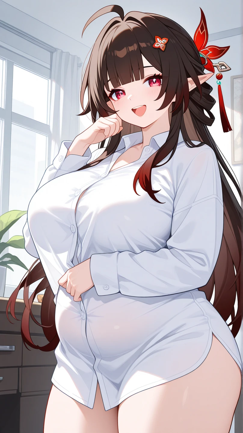 Very cute and fat woman, Long brown hair, Brown eyes, Sitting on the floor, Wearing very tight cow print clothing, Huge breasts, Very big belly, Tired look, Stroking the stomach