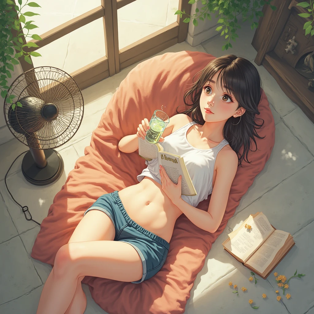 1girl, full body, armchair, bamboo, bangs, bare legs, barefoot, belt, blinds, breasts, coffee, coffee mug, collarbone, couch, crossed legs, cup, feet, grass, hair between eyes, holding, holding cup, indoors, leaf, short hair, light smile, happy, looking at viewer, ahoge, messy hair, mug, short skirt, palm tree, plant, potted plant, shirt, sitting, small breasts, soles, solo, steam, white shirt, --auto --s2