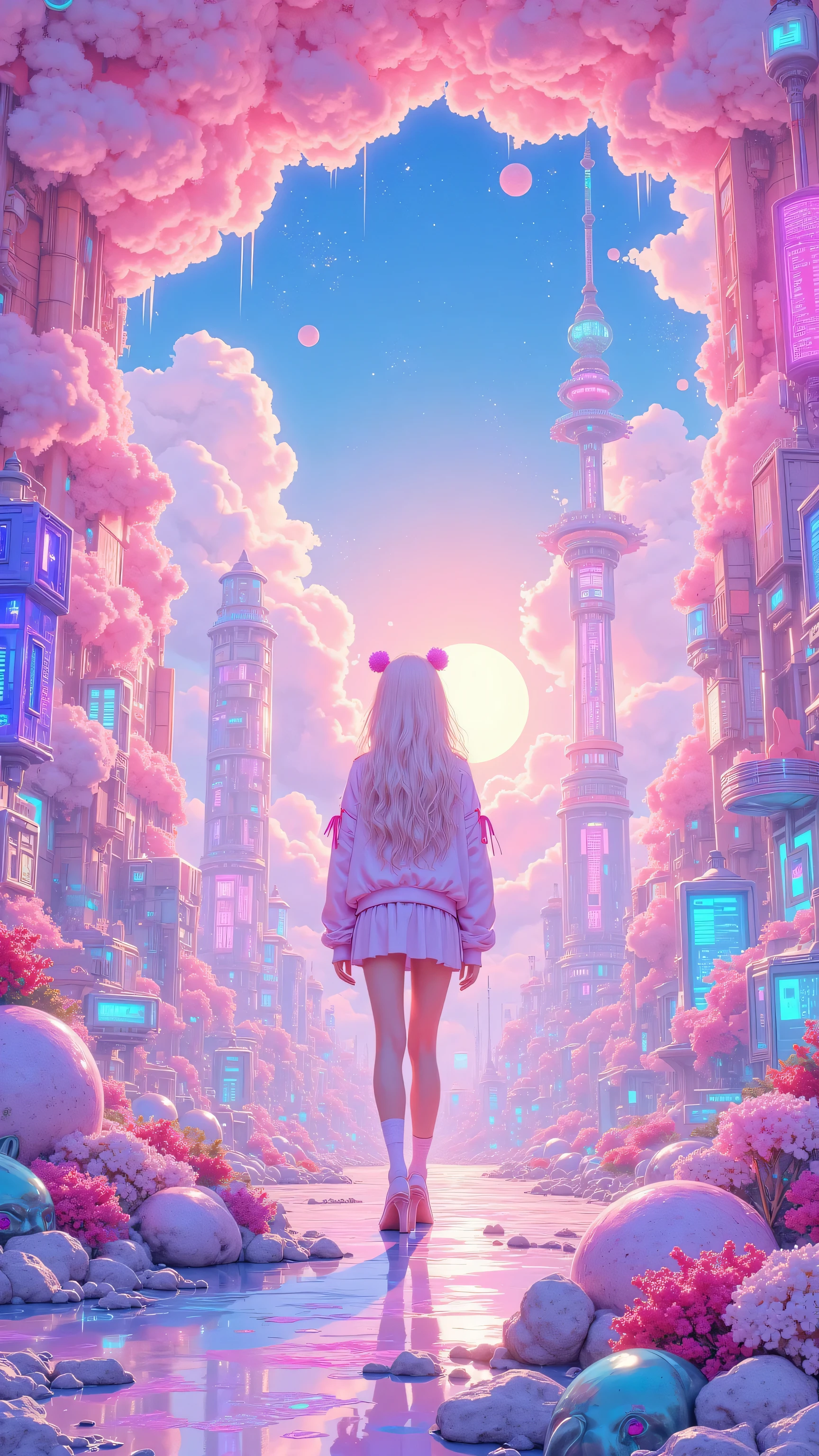 Vaporwave, cyber nostalgia explosion! Create a pink gradation fantasy world with glitch effects and retro structure.