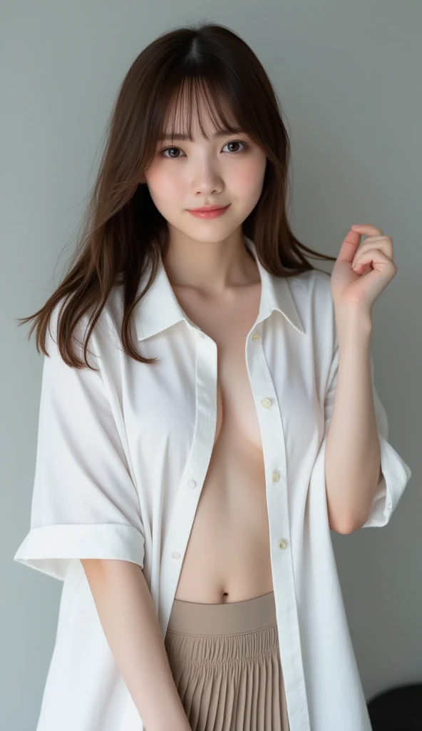 (best quality, 4K, 8k, highres, masterpiece:1.2), ultra-detailed, (realistic, photorealistic, photo-realistic:1.37), hyper detailed, extremely detailed, intricate details, sharp focus, physically-based rendering, professional, vivid colors, studio lighting、Japanese High School Girl、coy smile、Natural Makeup、(blond)、middlehair、Inward curl、White shirt、hot pants、Open shirt、Emphasize cleavage、side boob、under boob、flat breasts、thick lips、flat chest