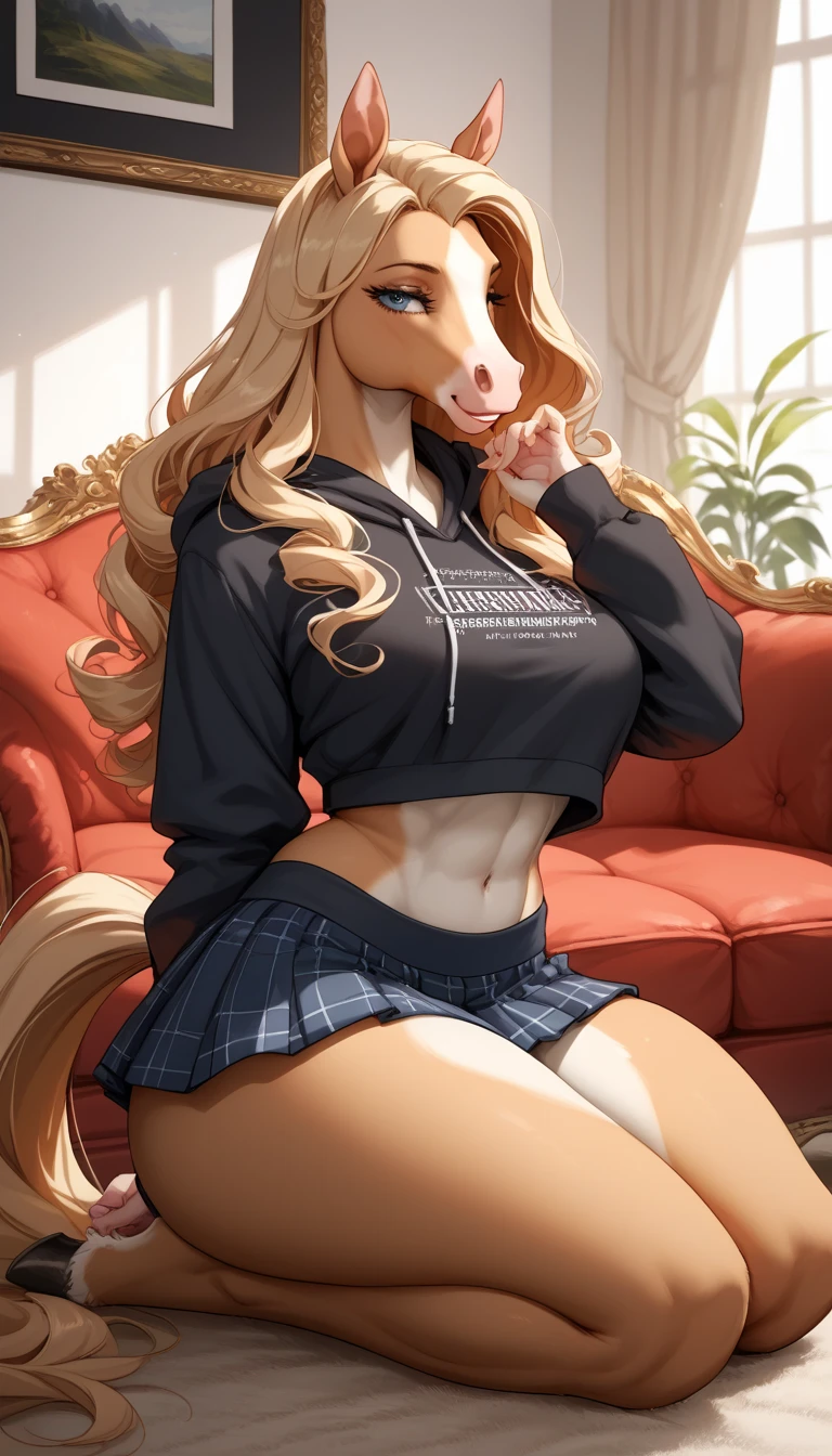 female anthro Snow leopard,Brown long fluffy hair, fluffy hair, squirrel ears, Snow leopard, (giant breasts:1.3), attractive, mini shirt, thicc body, thicc, freckles, skirt, black skirt , garter belt tights, open your legs, squat, spread legs, spreading legs showing her ass, (thick thighs:1.5) sexy partial clothes, cowboy_shot