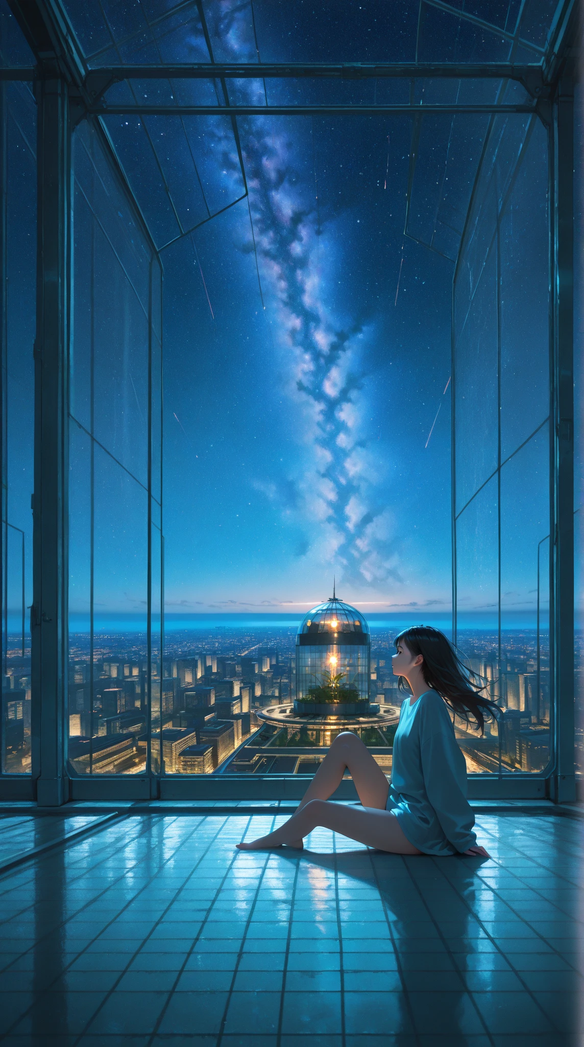 top quality, masterpiece, very detailed, detailed background, anime, 1 girl, young girl,  with a crotch, sci-fi, science fiction, Outdoors,  night , starry sky, greenhouse,  MegaStructures, Biodome, landscape, wind景,  horizon , rooftop, sitting on rooftop, wind, look away, atmospheric lighting that rolls on the floor, solo focus, close-up, from the side, depth of field, Bokeh