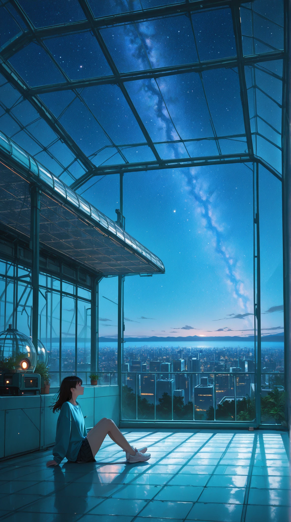 top quality, masterpiece, very detailed, detailed background, anime, 1 girl, young girl,  with a ??????, sci-fi, science fiction, Outdoors,  night , starry sky, greenhouse,  MegaStructures, Biodome, landscape, wind景,  horizon , rooftop, sitting on rooftop, wind, look away, atmospheric lighting that rolls on the floor, solo focus, close-up, from the side, depth of field, Bokeh
