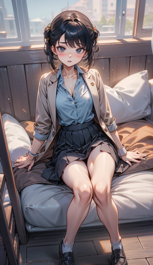 (8k, RAW Photos, 最high quality, masterpiece:1.2), high qualityのRAWカラー写真, Professional photo shoot, Cinematic Light, night、Late night、alone, (((young woman, Gal))), (Sharp features), (Small face), (Skin with attention to detail:1.2), clavicle, Cute Face, Beautiful appearance, Long eyelashes,Girl Turning Around, smile, (Black Hair, Long straight line), high school student, Open shirt, White shirt,Roll up your sleeves、bracelet ((The lower half is naked)), bedroom, Embarrassing, sad, Artistic painting,Attractive thighs, White socks、(Very nice touch:1.2), (Watery eye), sad雰囲気, Oil painting style, Dark colors, (No shoes )(((Focus on the crotch))), Smooth texture, Gazing Eyes, Beautiful Skin, Glowing Skin, ((Perfect Fingers, Five Fingers, Anatomically correct)), Background Blur, high quality, Surreal, ((Very detailed, photo shoot)),,View from below、blush、、Embarrassing、Full Body Shot、Embarrassing、blush、Put your hands on the ground、(Show your audience your panties),((Sit with your right knee upright))、Disheveled Hair、Facial expression after sex、Sweaty、