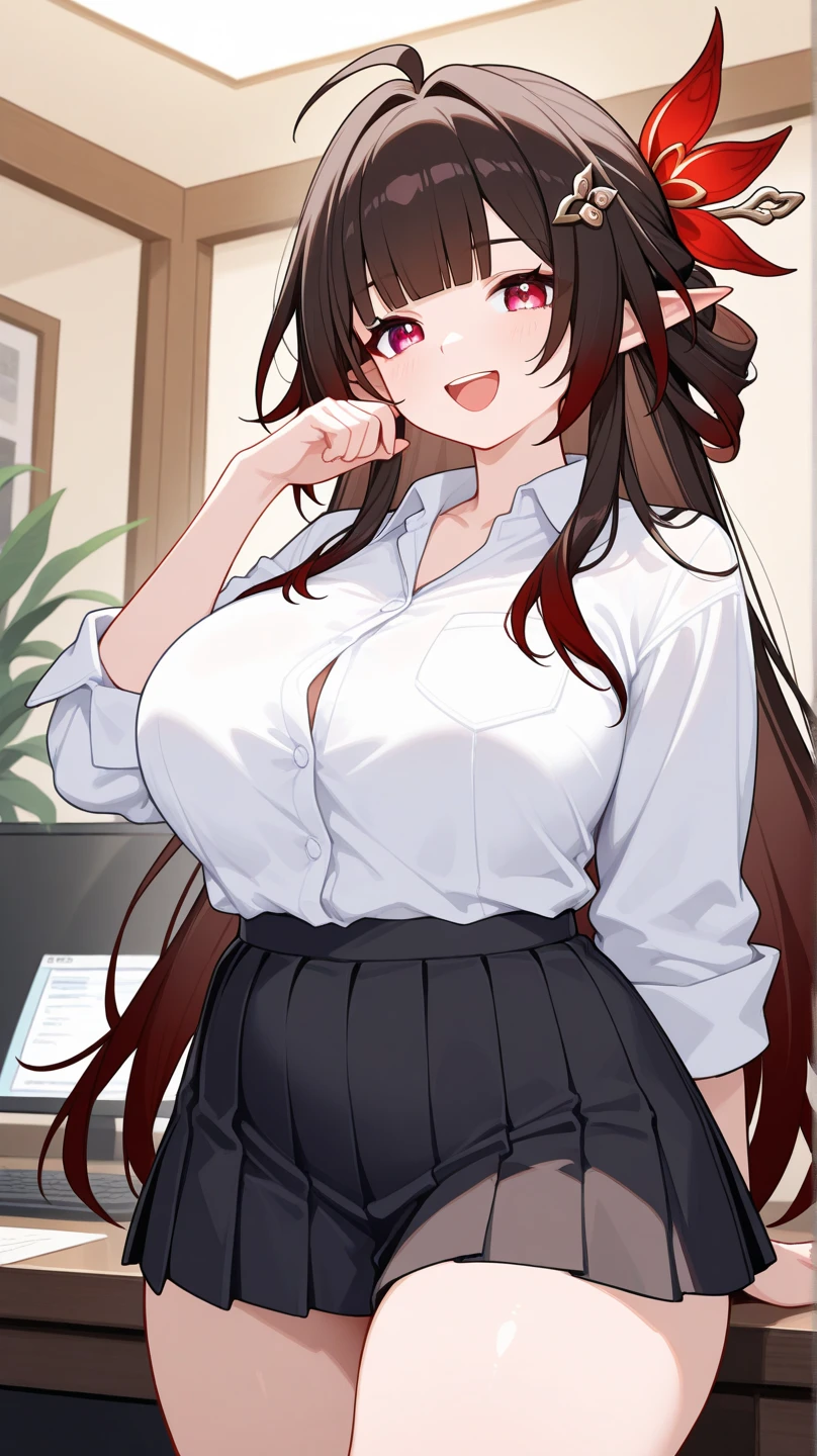 masterpiece, best quality, very aesthetic, absurdres, newest,1girl, pleated skirt, shirt tucked in, tented shirt,hu_tao(genshin impact),hu tao, long brown hair, big breasts, unbuttoned shirt, very strong abs, red eyes, twin tails,,pout,in a restaurant,sitting,floating_hair, bare belly