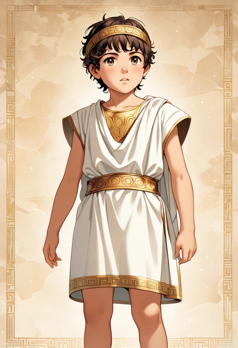 a 7 year old greek boy, short blonde hair, cute smiling face, ancient greek outfit, Classical Greek culture