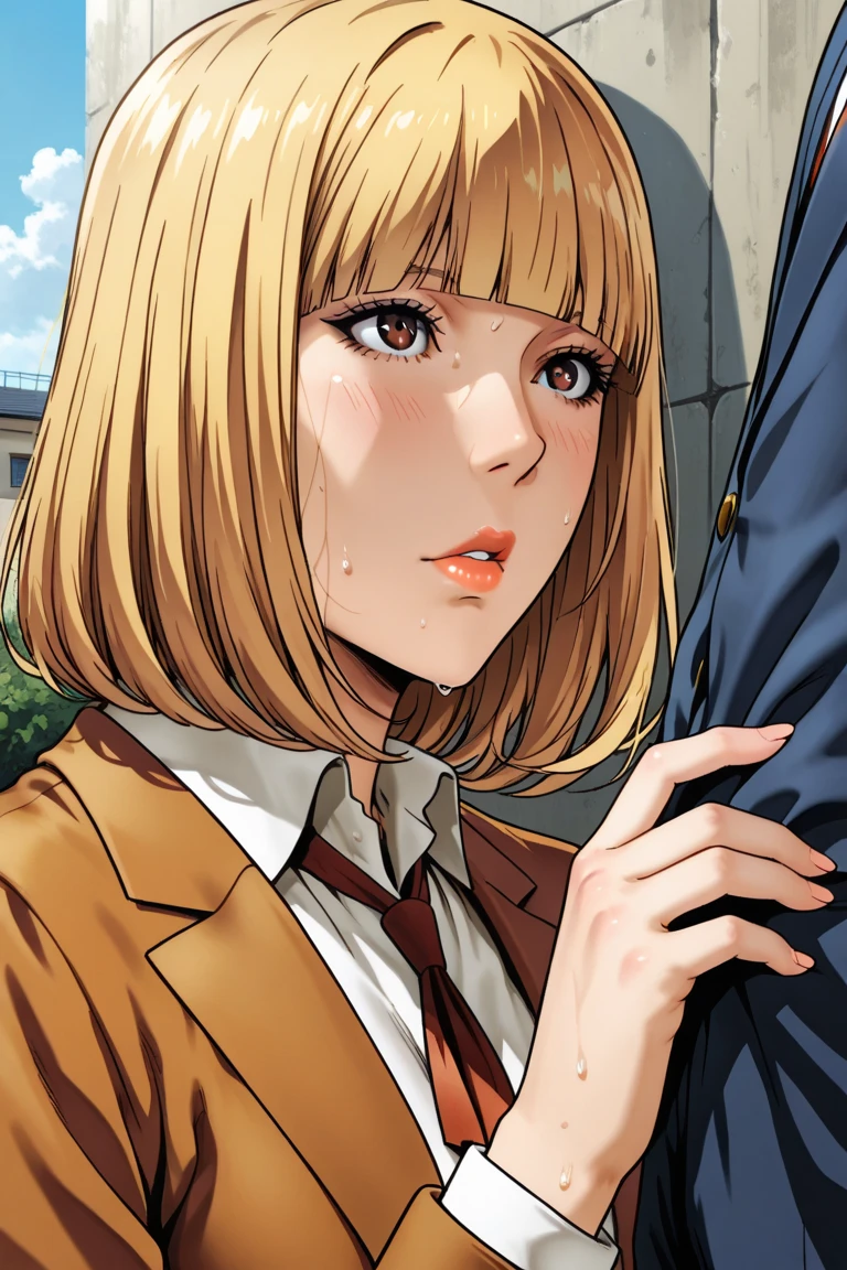 pov, hana midorikawa, handjob, foreskin, blonde, yellow lipstick, coat