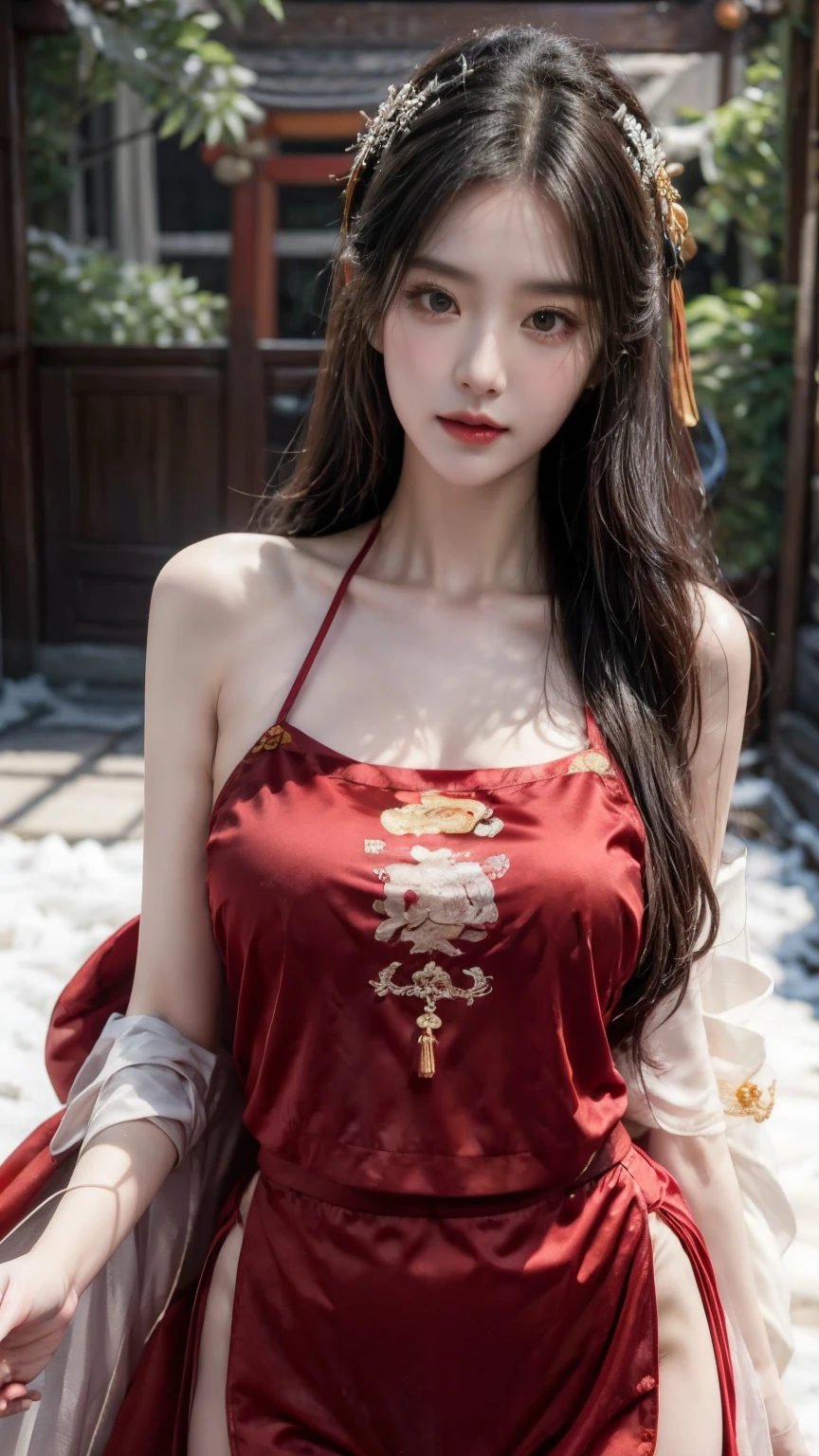 (masterpiece), (absurd), (Lens focused on thighs), Glossy skin, [ girl, alone, Add, long eyelashes, Shut up, Long hair, striped hair, wavy hair, ( Chinese-style bib :1.27),( Red plush cape :1.2),Find out more about, ( covered with snow ,night, bright ancient temple :1.3), Cinematic Lighting,( ultra realistic textile texture ),, Award-winning photography , Extremely detailed , amazing, fine detail, ( Extremely detailed eyes:1.125) [And facing , Kodak Porter 400 F1 .6, Colourful lens ,Highly realistic texture , phantom engine ,ArtStation Cinestill 800, Beautiful woman , ulzzang-6500, (Seductive Smile),