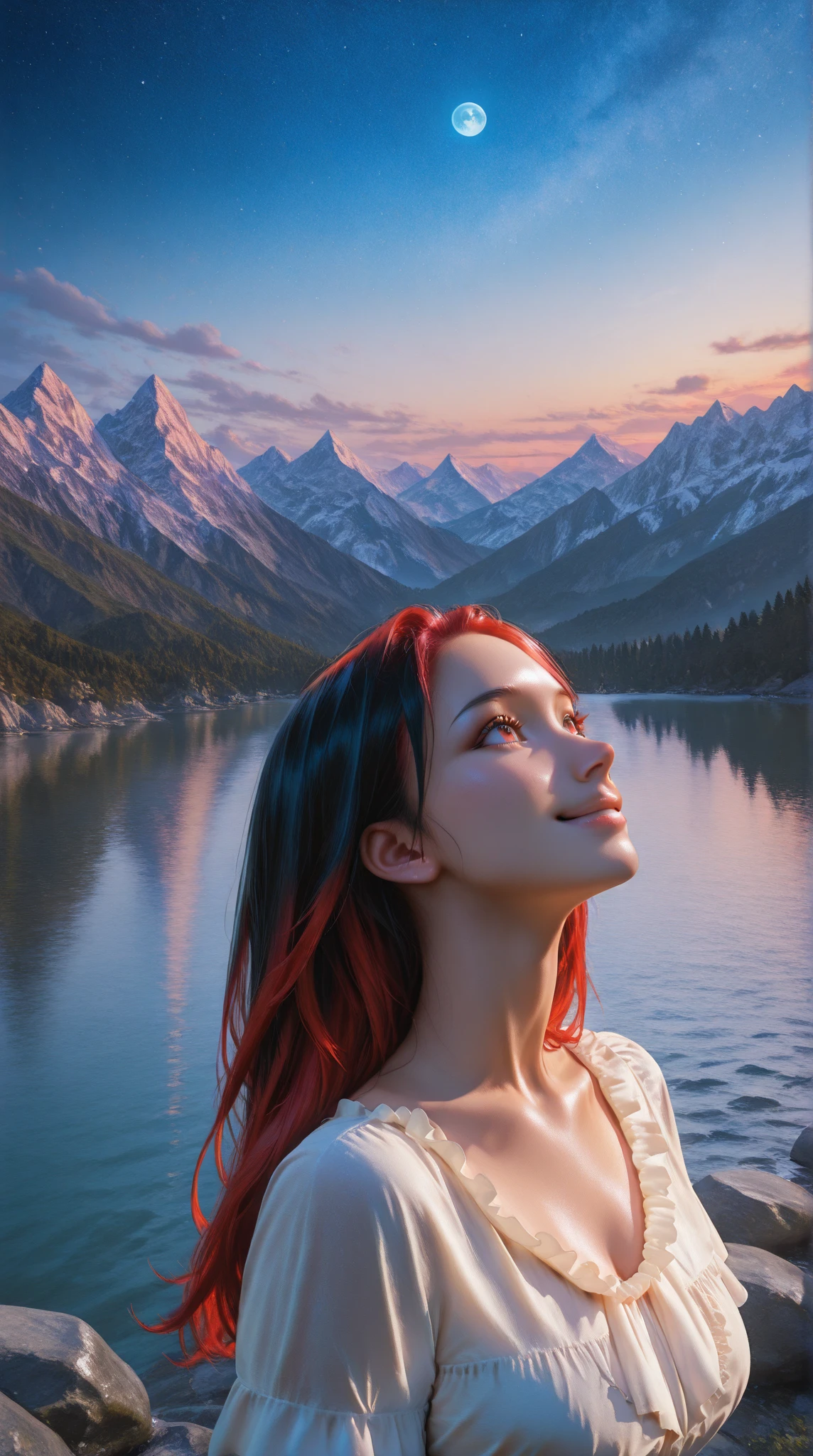 top quality, masterpiece, black hair, red eyes, look up, upper body, cute, ruffle shirt , smile, red hair, beautiful scenery, Shining starry sky, sunset, Calm Lake, Rocky Mountain, 4K Rendering, realistic, photo shoot, precision digital painting, Fantasy Art, Blue Moon, deep color that abducts people, Warm Colors