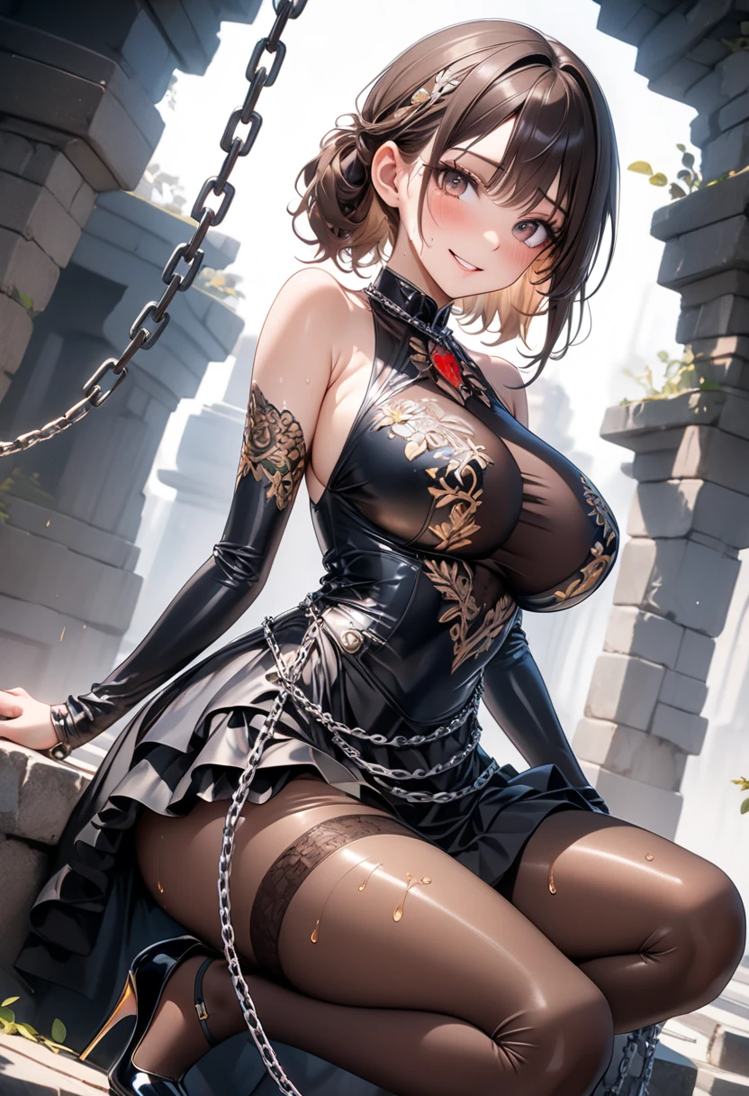 Sexy female BSDM gets down on her knees and hugs an innocent woman'head of、1 female, alone, short hair, huge breasts, huge ass, ((open crotch)), ((kneel down)),((Show me your armpits)),((background: dark basement)),(masterpiece), (highest quality), (Super detailed), (Detailed CG illustration), ((very delicate and beautiful)),cinematic light