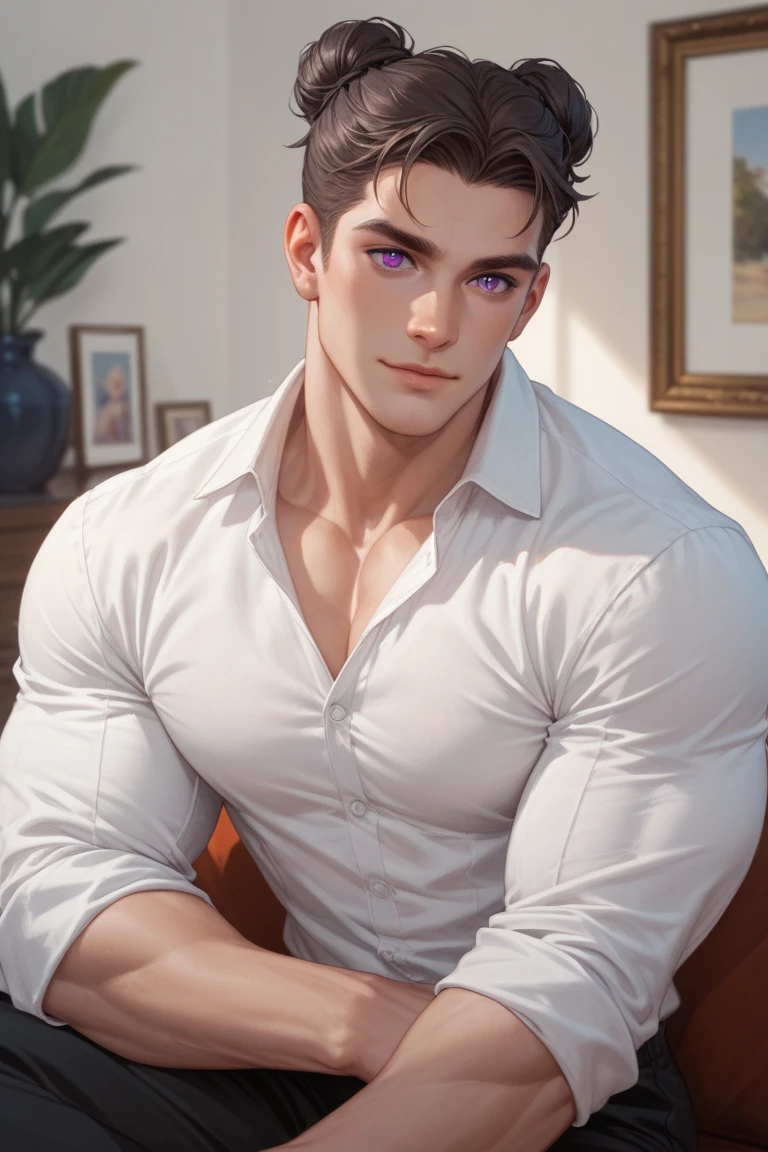 1boy, extreme realistic very handsome young boy, having very realistic well defined body shape features and well defined abs and packs, wearing transparent white shirt, male_focus, muscular, muscular_male, solo, bara, pectorals, pants, short_hair, navel, large_pectorals, abs, nipples, sitting, jacket, white_pants, open_clothes, window, indoors, looking_at_viewer, open_jacket, parted_lips, brown_hair, black_hair, bare_pectorals, bangs