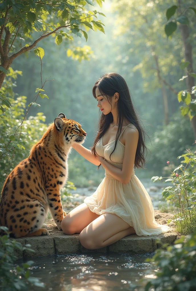 Forest, jungle, dark green forest in background, masterpiece, ultra detailed, ultra realistic hyper beautiful and delicate, 8k unity wallpaper And 1 beautiful woman sitting ,wearing a short dress next to a lion,ida,