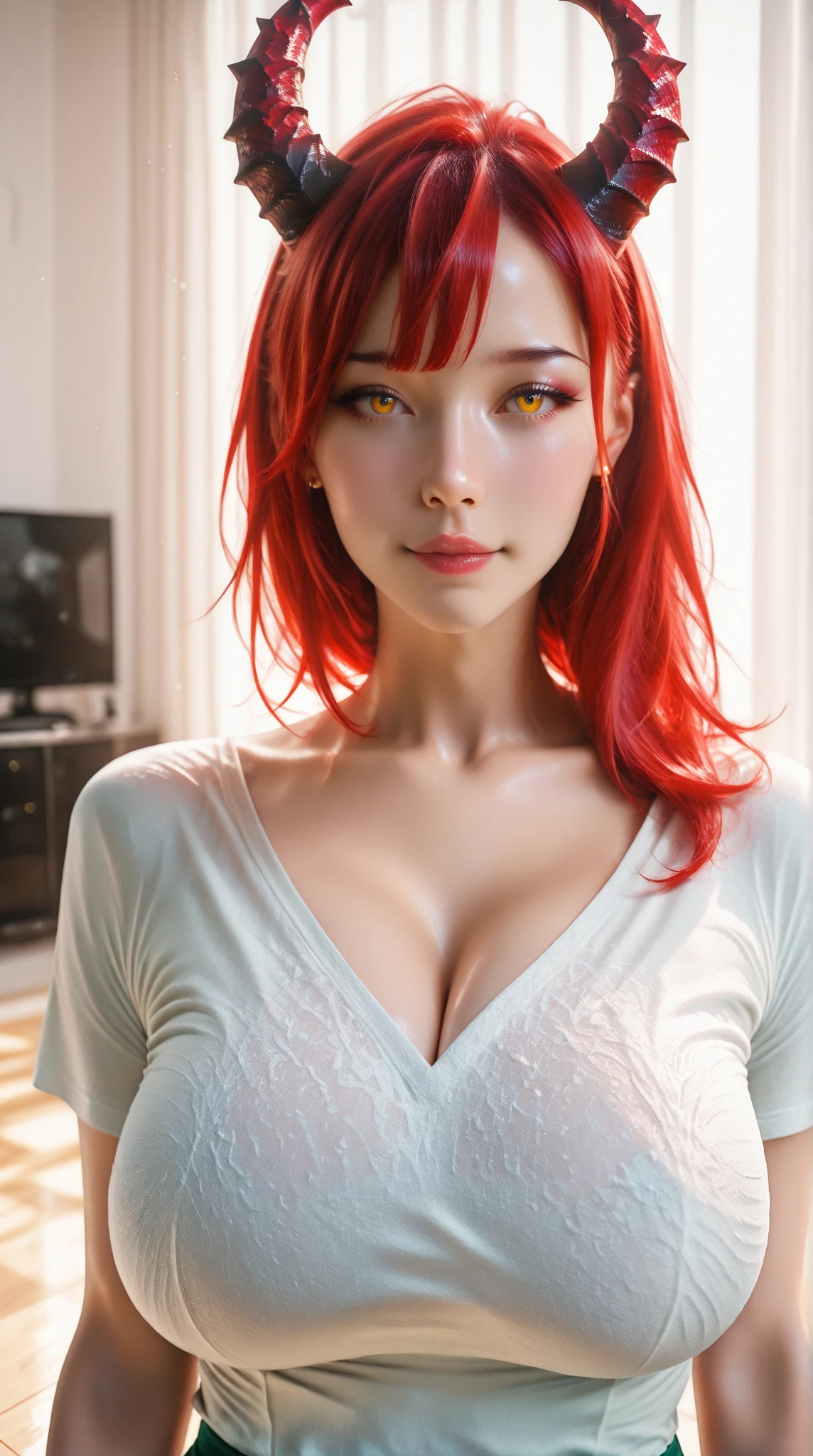 ((((masterpiece, best quality, high resolution)))), Extremely detailed 8K, Beautiful girl with voluptuous body, (Ultra HD, Ultra-detailed, Highly detailed, Highly realistic, Ultra-realistic, photograph realistic), (1girl:1.5), (Realistic orange hair), (short silky hair, hair ornaments, earrings), (dynamic poses), facing at camera, looking at viewer, (blushing red, embarrassed, exhausted, smile), (grey eyes, sharp eyes), (small perky breasts:1.2), (beautiful detailed face, beautiful detailed eyes), ((naked)), (detail pussy), (sitting on bed:1.3), sweat, glow, (nightlight), ((cowboy shot)), bedroom, seductive