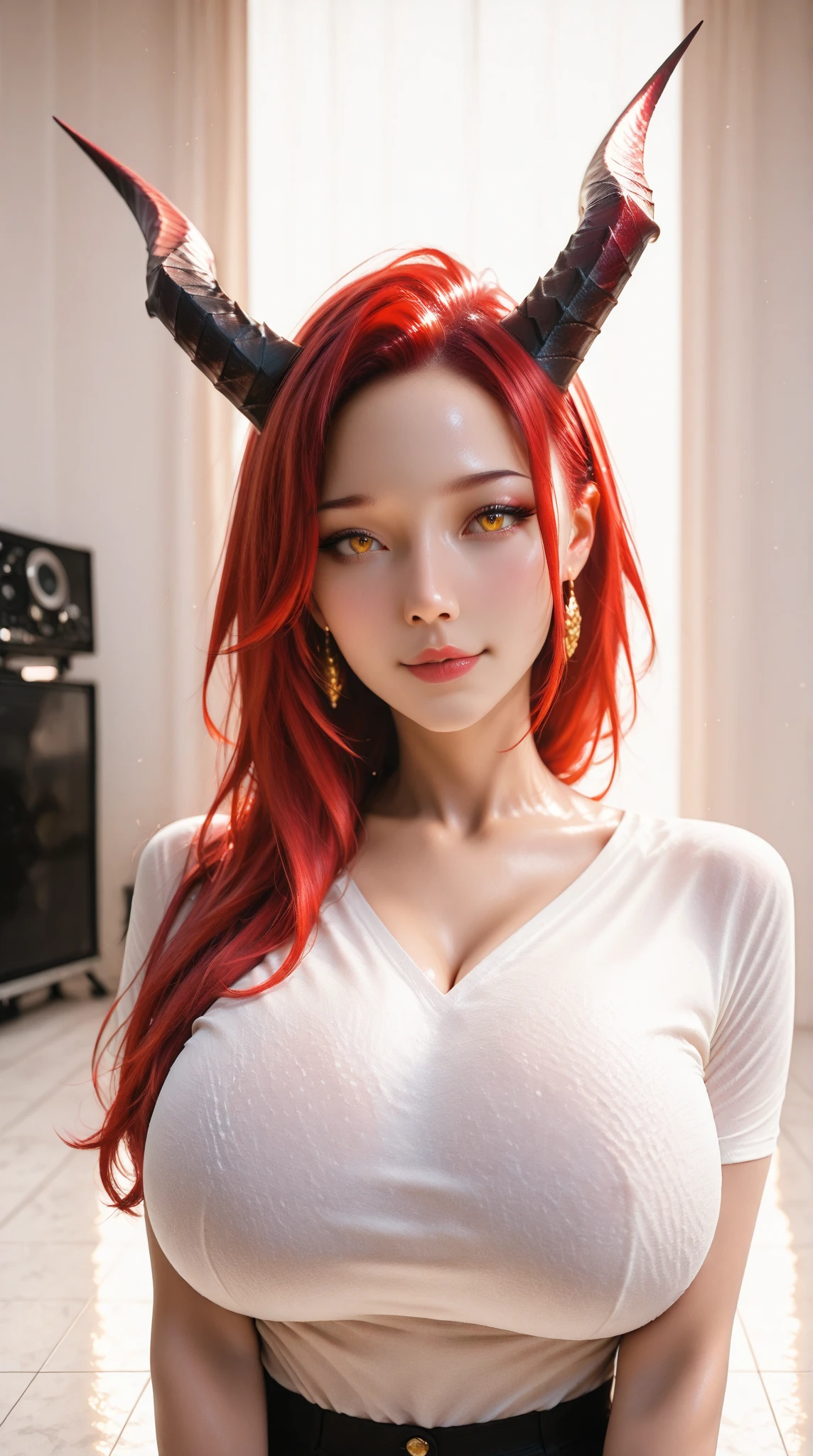 very detailed, Seductive erotic woman with horns, shirt that fits your skin, (big breasts, It's so huge The shirt keeps busting, redhead), focus on face, focused on the face, complicated eyes,