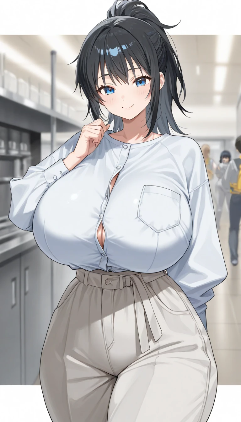 A 45-year-old married Japanese woman with a plump body and big smile is standing on near the station. She is wearing a short sleeve shirt and a miniskirt, and her huge breasts are bursting out of her clothes. Her long black hair is shiny and her skin is very shiny after applying oil, giving her a radiant and glowing appearance. She is looking straight at the viewer with a peaceful face and her whole body is reflected in the image. The image quality is extremely detailed and of ultra-high resolution, making her look very realistic.