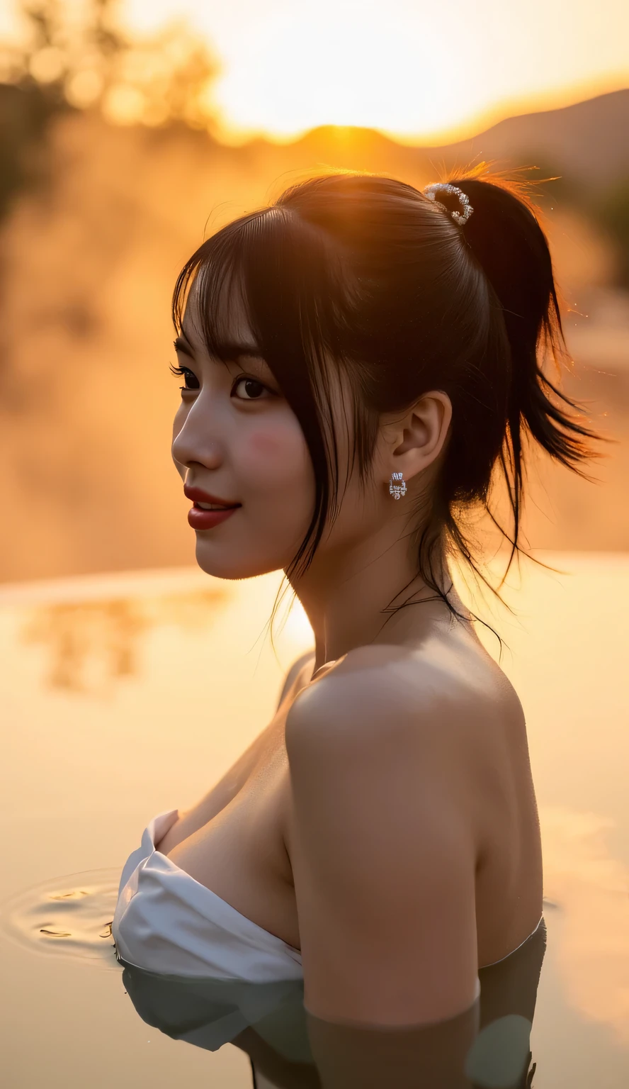 High Quality Hot Spring Magazine Cover,Side angle photo of a beautiful woman wrapped in steam,Figure soaking up to the shoulders, beautiful posture、An elegant hairstyle with black hair tied loosely tied up,Perfect Proportions,soft smile,(not wearing anything)、 beautiful décolletage,White Wet Skin and Hair,no makeup,open your mouth、An expression with an ephemeral sex appeal,An open-air bath with a secluded view of pure white hot water where a beautiful sunset sparkles on the surface of the water,The flashes of the sunset accentuate her silhouette and hair,romantic atmosphere, chiaroscuro,4K Hi-Res,HDR,PROFESSIONAL,realistic,Photorealistic,Precision Detail,Studio Writing,Bokeh,deep color,Refined Colors