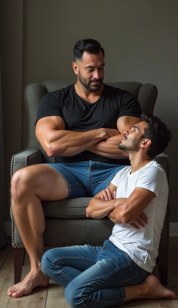 Man with legs spread in shorts showing balls