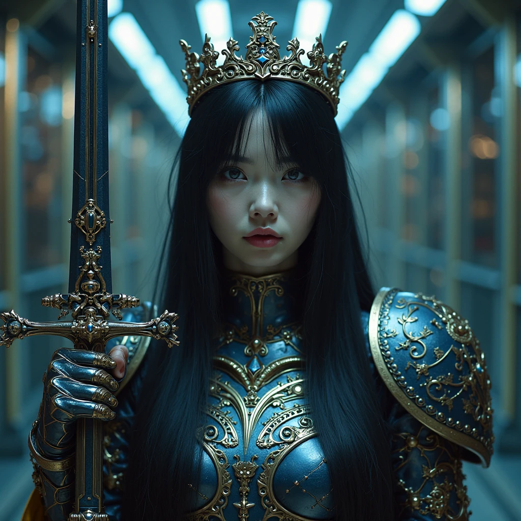 Masterpiece, Best quality, high resolution, 8K, Portrait, Realistic photo,( Combine clothing with Korean fashion design),Digital photography, full bodyesbian, 1 16-year-old girl, (Cyborg), Beautiful blue-gray gradient long hair, Blue eyes, Intricate, elegant, Highly detailed, The crown of evil, Black dress, ,Silver metal exoskeleton armor, Intricate knightly hollow armor,power armour, Openwork design, mechanical structure, Photo pose, Solemn,, Red lips, From the movie《Final Fantasy XV》.Metallic texture, oc rendered,Reflective texture, ((Clothing cutting)), ((Set against the backdrop of the castle and the huge Moster))