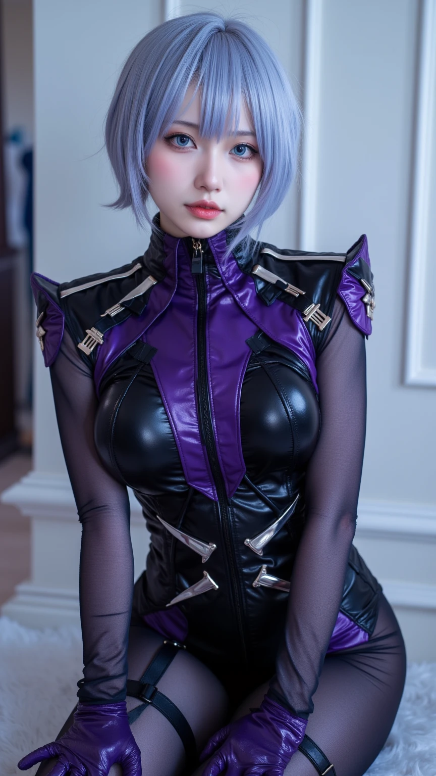 (8K, top-quality, masterpiece:1,2), (reallistic, Photorealsitic:1.37), Super Detail, One girl,), (Highly detailed), (beautifully detailed eyes), (of the highest quality), (super detailed ), (masterpiece), (Detailed face),20yr old, ,1 girl, ((pink hair,Very short hair)), medium breasts, clothed, Perfect Lighting, BREAK (deep blue:1.3), (purple bodysuit:1.5),(Black tights: 1.5), (sexy fit:1.4), (straps and jewels:1.3), (shoulder and hip decorations:1.3), (lace and shiny embroidery:1.3), (shiny high heel boots:1.4), (deep blue:1.3), (shiny choker and bracelet:1.3), (gold or silver:1.3), BRAKE bangs on left side, right eye visible, gold earring on ear, smug smile, red lips, eyes wide open, looking at camera, left hand crossing chest with fingers interlocked, shoulders slightly forward, back straight, dark room, monitors and computer equipment on wall, large desk with keyboard, mouse, headset and other tools on it, chair in front of desk, standing, one spotlight from above, pink light, face and some clothes shining, background mostly dark