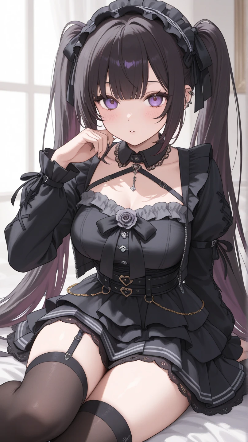 (Highest quality)), ((masterpiece)), (detailed), purple hair, pink eyes , a girl ,cross necklace ,tattoos, blunt bangs , longhair, from the chest up, black one-piece dress, smile, twin tails , yang, bust shot