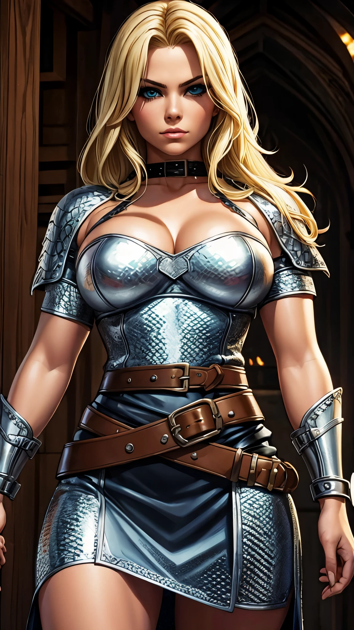 BOMBSHELL VALKYRIE, MATURE WOMAN, 30 YEARS OLD, ATHLETIC BODY, MUSCLES, HUGE LONG HAIR, BLOND HAIR, GRAY EYES, ROSY CHEEKS, VALKYRIE HELM, ANGRY FACE EXPRESSION, SILVER HELM, BLACK BODYSUIT UNDER ARMOUR, FULL BODY SILVER ARMOUR, SHINING ARMOUR, MITHOLOGY, random hair, looking at camera, gigantic breasts, cleavage, (high detailed skin:1.2), 8k uhd, dslr, super lighting, high quality, film grain, high res, highly detailed, hyper realistic, beautiful face, beautiful body, beautiful eyes nose lips, alluring expression, very bold, upper visible, full body photo, standing legs apart, pale translucent glowing skin, most beautiful face, cute, (well defined pubic hair:1.2)), (dark plain black background:1.4))