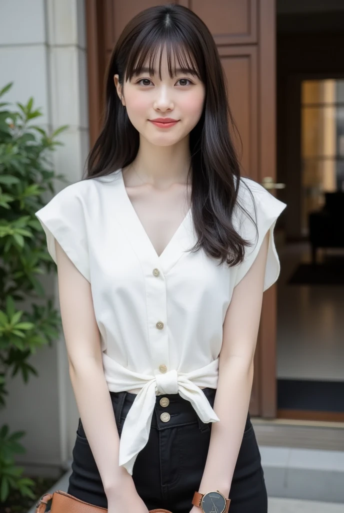 Masterpiece, high quality, high resolution, 8K, ((Skinny Japanese woman in a costume which consists of a short-sleeved white shirt and a light-brown long skirt)), beautiful face, natural makeup, detailed face, detailed eyes, a photo that feels endearing