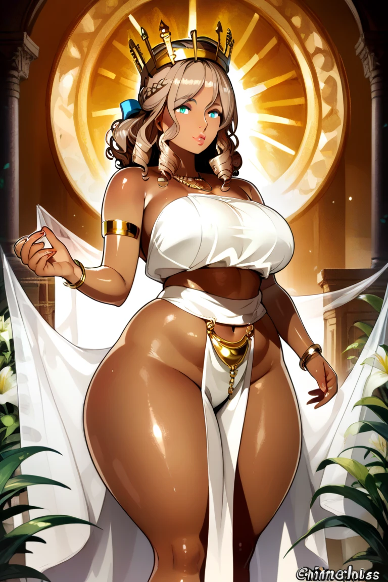 Dark-skinned adult woman with long white hair, huge breasts,White eyes and red pupils,gold tiara,gold bracelet,gold anklet,White one piece swimsuit,cleavage,Bare Legs,barefoot,Standing,Sunlight,on the beach