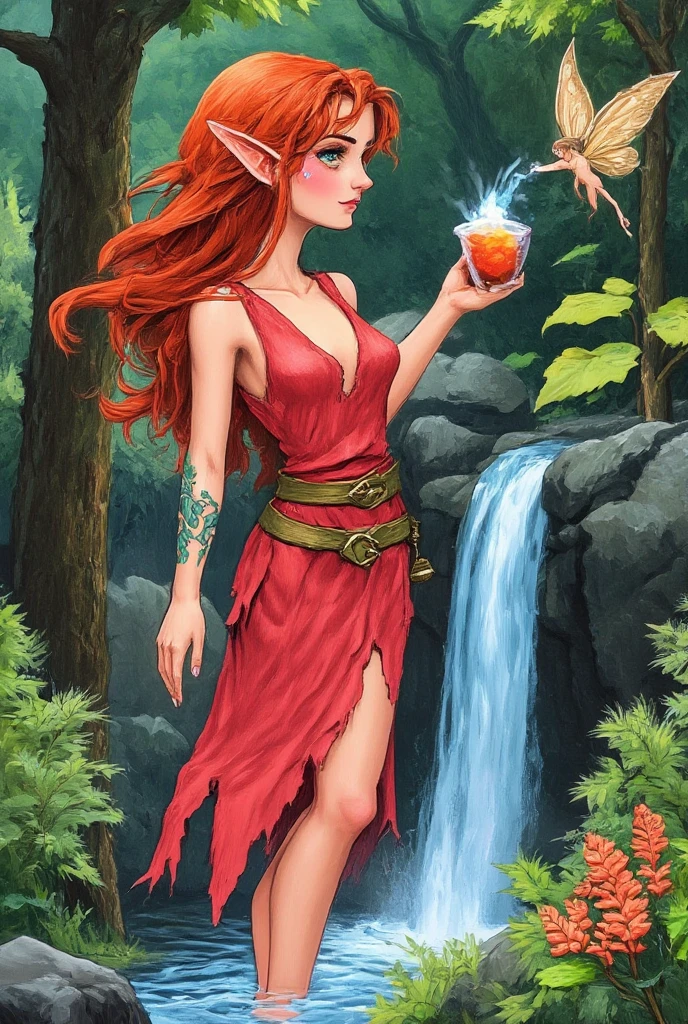 Girl with big breasts being cooked in a cauldron full of soup
