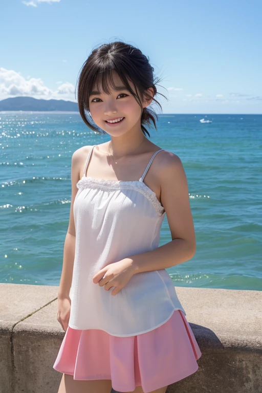 perfect Ratio Face, Balanced eyes, double eyelid,japanese girl,((fluorescence silver panties)),((white tankdress)),12yr,round face, Beautiful nasal muscles lipgloss,Balanced style,shorthair with bangs,smile,small & flat chest,(dress over naked),on beach,