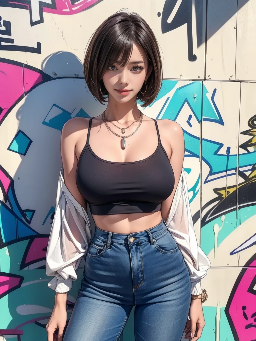 1girl, solo, 18 years old, black short hair, big blue eyes, huge breasts,
