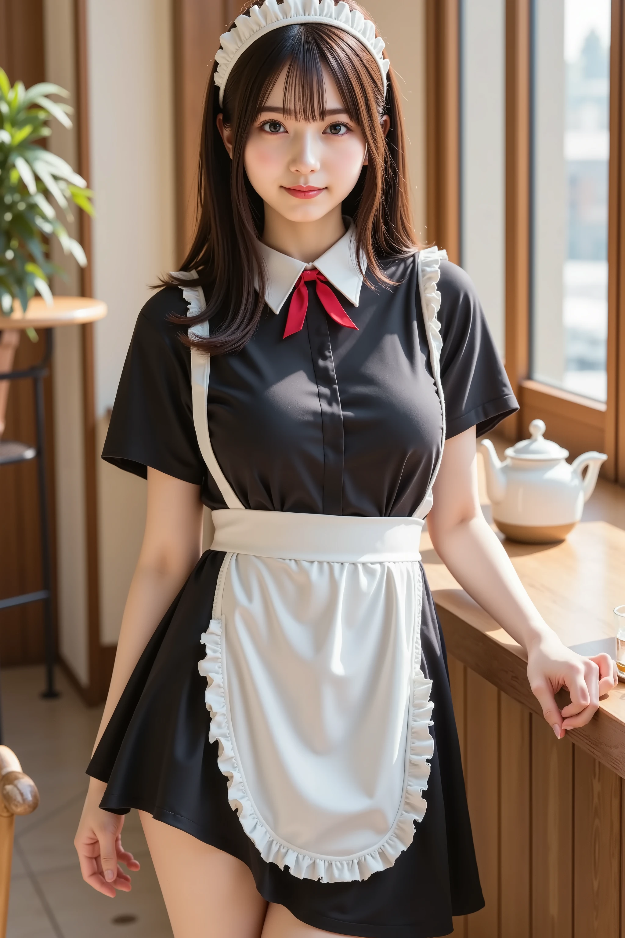 haruka, firm breast, ultra-detailed 8K CG illustration of a cafe interior scene featuring a classic maid outfit with modern touches. The outfit consists of a black short-sleeved dress with a flared skirt that ends mid-thigh, enhanced with red inner lining visible from the lower hem. The dress is tightly fitted at the waist and features ruffled white sleeve trims and a white collar. Over the dress is a crisp white apron tied around the waist in a wide bow at the back, with the front apron cloth folded neatly and tucked just above the skirt hem. A small red neck ribbon adds a refined accent to the upper chest area. The look is completed with semi-transparent black tights that add elegance and contrast to the monochromatic uniform. The entire outfit exudes both functionality and charm, mixing traditional elements with modern silhouette proportions. The character’s hair, although not the main focus, is styled in long flowing waves in a natural chestnut brown, giving a soft contrast to the uniform's black and white palette. The background depicts a warm and welcoming cafe interior with large vertical window panels letting in gentle afternoon sunlight that illuminates the wooden floor and counter area. The lighting casts soft golden highlights across the room, with sunbeams diffused by the tall glass windows. Near the counter is a bar stool and a small potted plant sitting by the window, adding greenery and warmth. On the wooden countertop, a tall glass of iced coffee and a white porcelain teapot suggest a calm, lived-in space. Wooden trim decorates the walls and frames the scene with a gentle rustic tone. Dust particles floating in the warm light give the air a sense of atmosphere and time. The color palette consists of soft beiges, browns, warm sunlight tones, and deep black, giving the entire environment a harmonious balance of comfort and sophistication. The rendering style is realistic with precise detailing in textures like the cloth folds, glass reflections, wooden