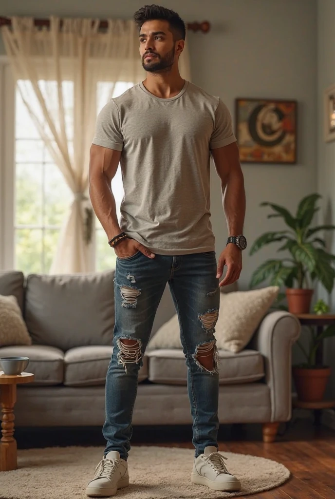 full body photo of jjperson <lora:josh_joyce-11:0.8>, relaxed-natural-setting, soft-natural-lighting, wearing a pastel (full-length v-neck t-shirt) and ripped-jeans, belt, wearing high-top sneakers, standing in an urban-park, warm-inviting-aesthetic, wearing cross necklace, soft natural lighting, looking-at-viewer