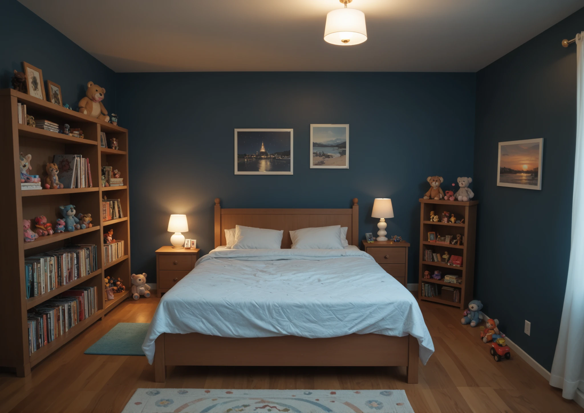 ((masterpiece, best quality, background)), plain girl's room, bed, deck, toys, shelf, dark, nighttime, dim light