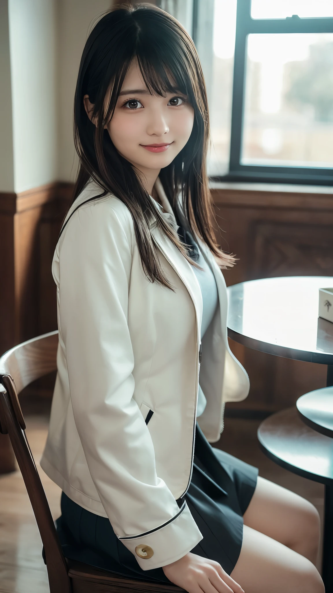 30 years old hong kong woman sitting in cafe, from aside, black straight long hair, hyper realistic, beautiful face, black overcoat, white skirt, black stockings