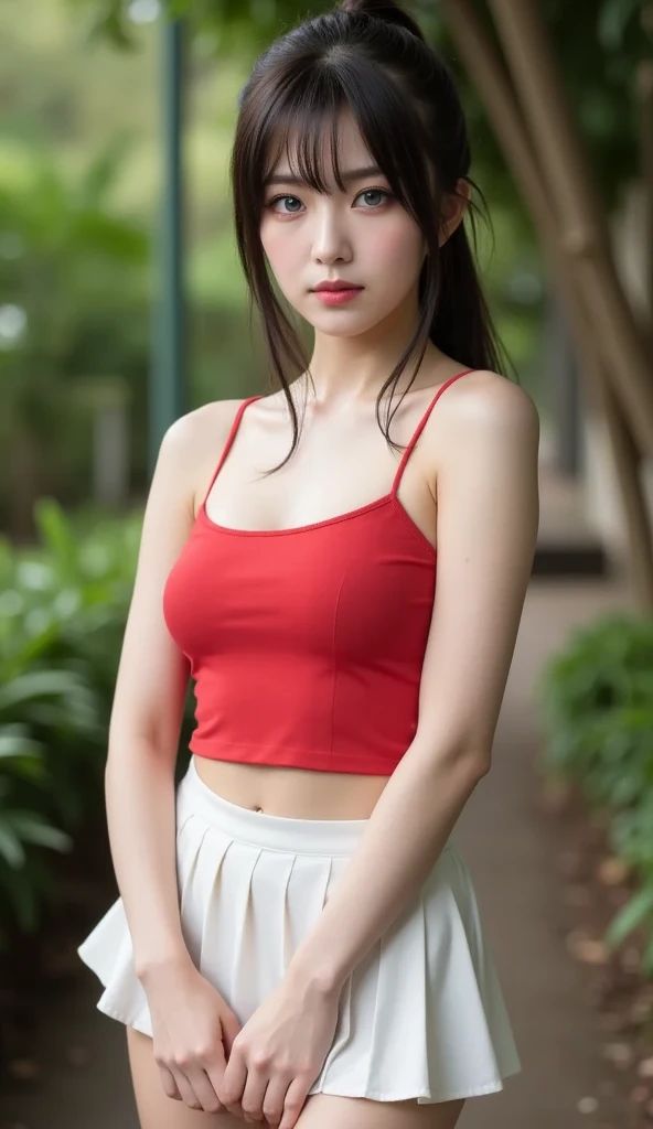 A very cute girl, solo, young, wearing red tank top and short pants, big breasts, white and smooth skin, standing, long hairs, red lip, at mountain, realistic face