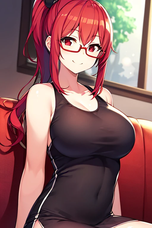 frlg lorelei, Red hair, swept bangs, Glasses, 鎖骨, Black shirt, Sleeveless, 手链, Purple skirt, high-heels,(Large breasts:1.5),Looking at Viewer,Standing,((masutepiece)),((Best Quality)),Perfect Anatomy,8K UHD,extra detailed face,gloss and shiny,((1girl in)),((Solo)),(Beautiful detailed eyes:1.5),image perfect,(Upper body:1.1),(Look at the front:1.1),arms behind back,Slim waist,Shiny hair,(Sensitive smile:1.2),indoor hall,