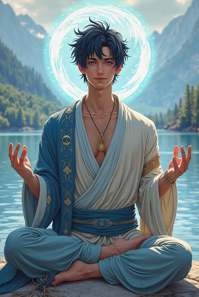 beautiful and detailed illustration, pop art, masterpiece, best quality, ultra-detailed, soft lighting, cinematic shot, vibrant colors, gorgeous colors, <lora:add_detail:0.3>, <lora:stylesqueeze_v2:0.5>,
(1man, muscular adult male:1.2), aquamarine eyes, chestnut hair, shaggy hair,
Style-GravityMagic, solo, full body, looking up, detailed background, detailed face, (high fantasy medieval theme:1.1), eastern monk, simple sleeveless monk clothes, belt, incense, symmetrical, (legs crossed, lotus position:1.1), (levitating, meditating:1.3), karma, timelessness, , elevated consciousness, , yin-yang symbol, eternal peace, (hovering in the air, up in the air, mid-air:1.2), surrounded by swirling leaves, emanating divine energy, halo of light, transcendent lights in background, ethereal atmosphere,