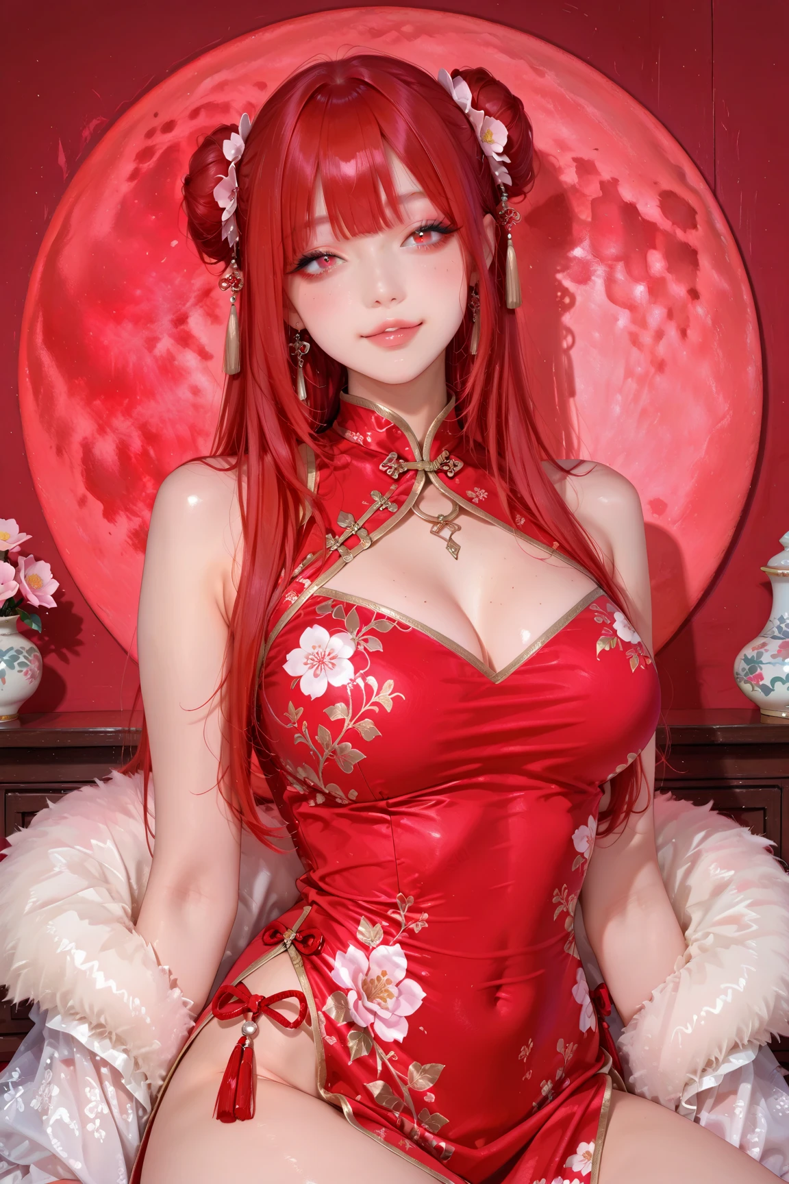 Create an image of Yang Guifei, the famous Chinese imperial consort. She should be depicted with her renowned beauty and grace. Yang Guifei is dressed in a luxurious and elegant traditional Chinese robe with intricate patterns, flowing sleeves, and rich colors such as red, gold, and jade green. She wears elaborate hair ornaments and accessories, including delicate hairpins and flowers. Her makeup should be refined, with a focus on her soft, porcelain-like complexion and subtle yet captivating eyes. The background should feature elements of Tang Dynasty China, such as a beautifully landscaped garden with blossoming cherry blossoms, a traditional palace, or the iconic Hot Springs at Huaqing Palace, to provide historical and cultural context.(((Red hair)))