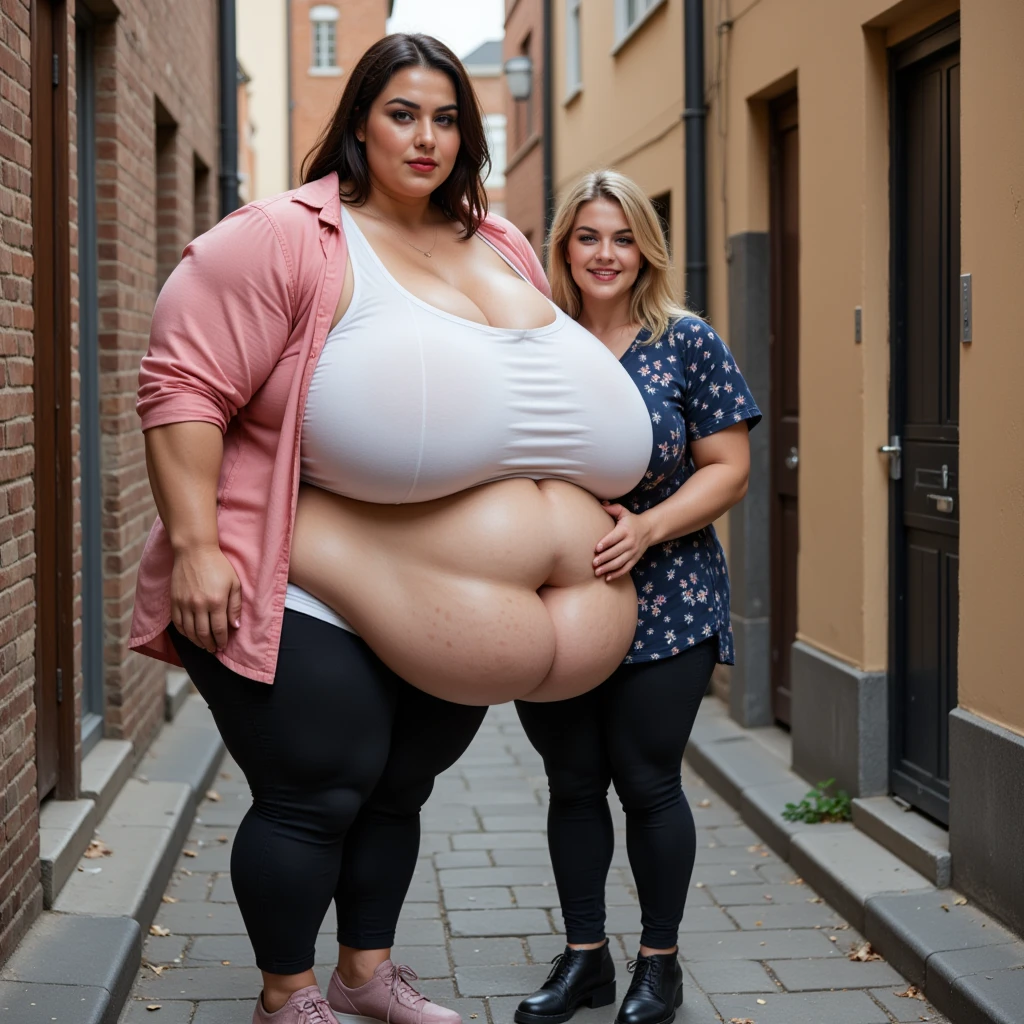 best resolution, 2 heads, cute flabby conjoined woman with two slender heads, conjoined, huge nipples, macromastia, blonde, pink hair, long hair, eyeliner, one head a young looking cute 18 year old, other head 69 years old, fat flabby ass, breasts so massive she can’t move, tongue kissing each other while playing with her belly, big round belly, age difference between the older and age heads