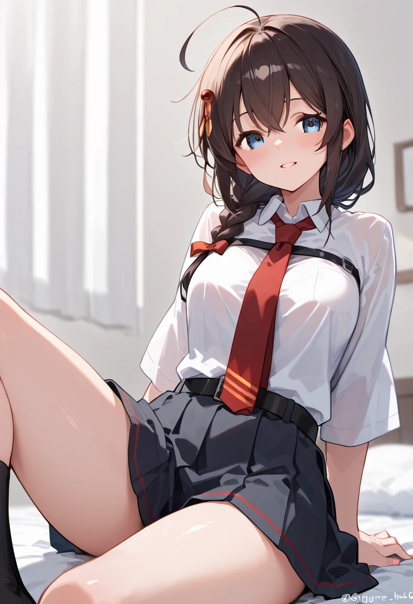 1 girl,absurdres,black hair,red eyes,big breast,legs,feet,Navy blue socks,Ankle boots,Absolute,masterpiece,best quality,very aesthetic,